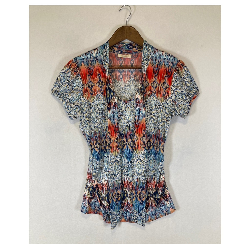 Boho Halo Women Small Blue Red Ikat Damask Tie Neck Puff Short Sleeve Blouse
